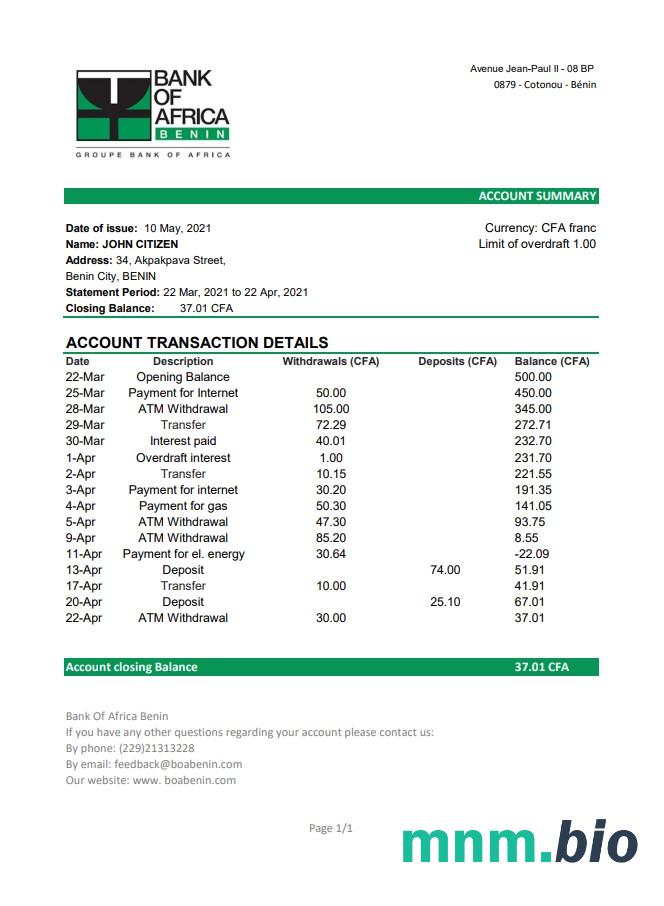 Benin African Development Bank statement template w formacie Word i PDF